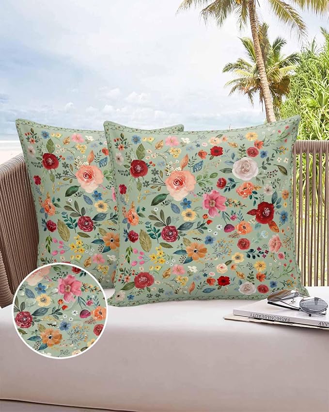 Vandarllin Outdoor Throw Pillows Covers 24x24 inch Set of 2 Waterproof Sage Green Floral Decorative Zippered Cushion Covers for Patio Furniture, Farmhouse Vintage Flower Lumbar Pillowcases