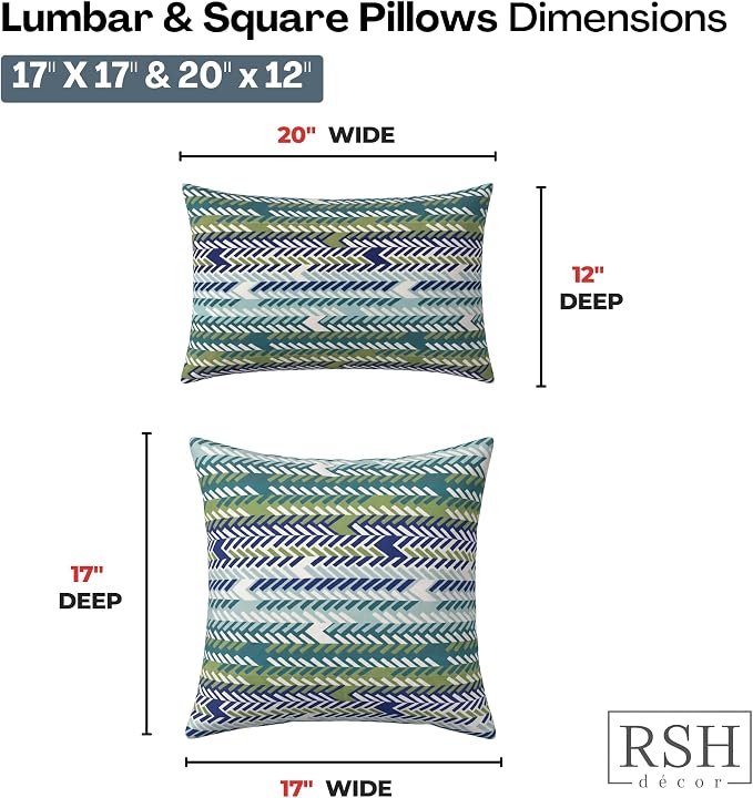 RSH DECOR: Sunbrella Lumbar & Square Pillows Set of 4 | 20" x 12" & 17" x 17" | Water and Fade-Resistant Performance Fabric | Outdoor Throw Pillows for Patio Furniture | Made in USA (Escape Sky)