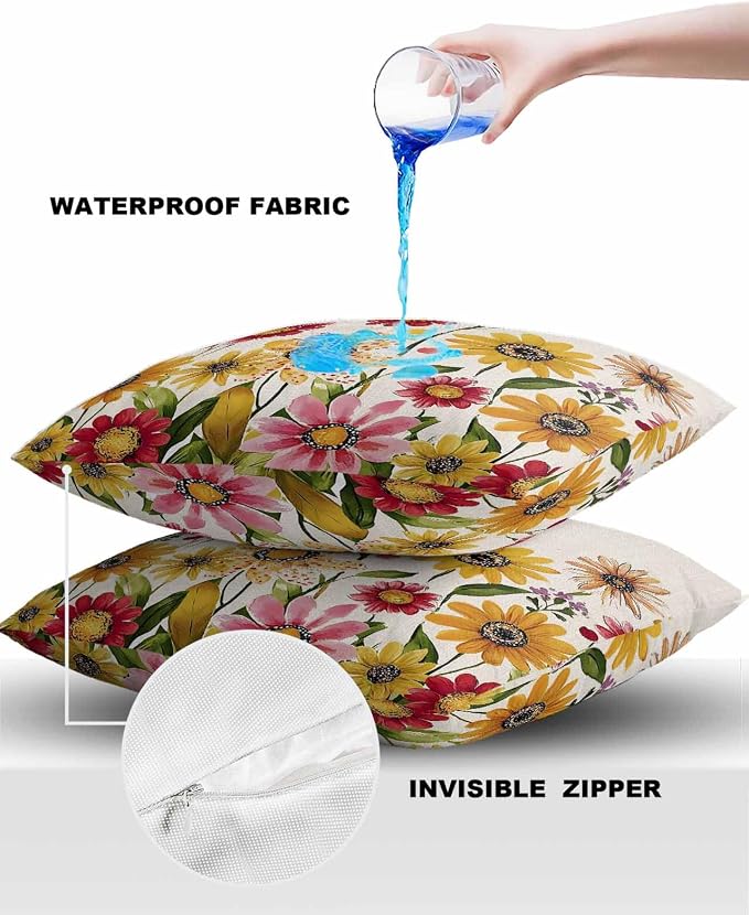 Outdoor Waterproof Pillow Covers for Patio Furniture Pink Purple Floral Decorative Throw Pillow Cover Red Yellow Flowers Pillowcases Set of 2 Cushion Case for Sofa Couch Chair Home Decor 20"x20"