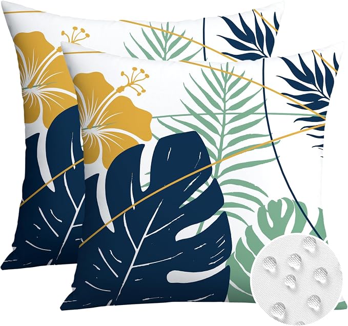 OTOSTAR Outdoor Waterproof Throw Pillow Covers 20x20 Inch Set of 2 Double-Sided Dark Blue Yellow Tropical Leaf and Flower Spring Summer Decorative Pillow Cases for Patio Funiture Garden Balcony Couch