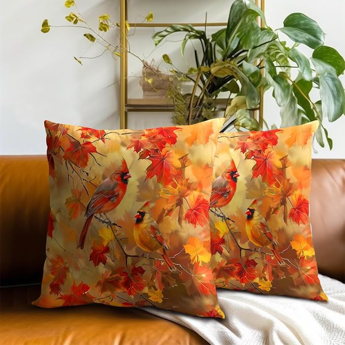 Fall Throw Pillow Covers 16x16 Set of 2, Autumn Maple Leaves Birds Harvest Season Decorative Pillow Cases Cotton Linen Cushion Cover for Living Room Bed Sofa Car Home Decor