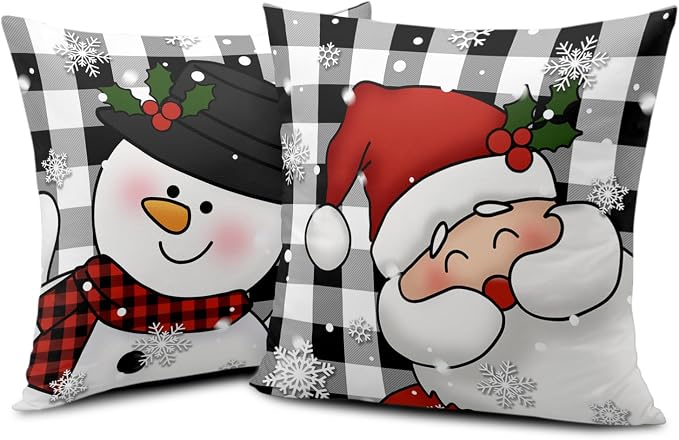 Xmas Santa Claus and Snowman Christmas Pillow Covers 16x16 Set of 2 Black and White Plaid Throw Pillow Covers Warm Soft Touch Cotton Blend Winter Pillows Cases for Bedroom Sofa