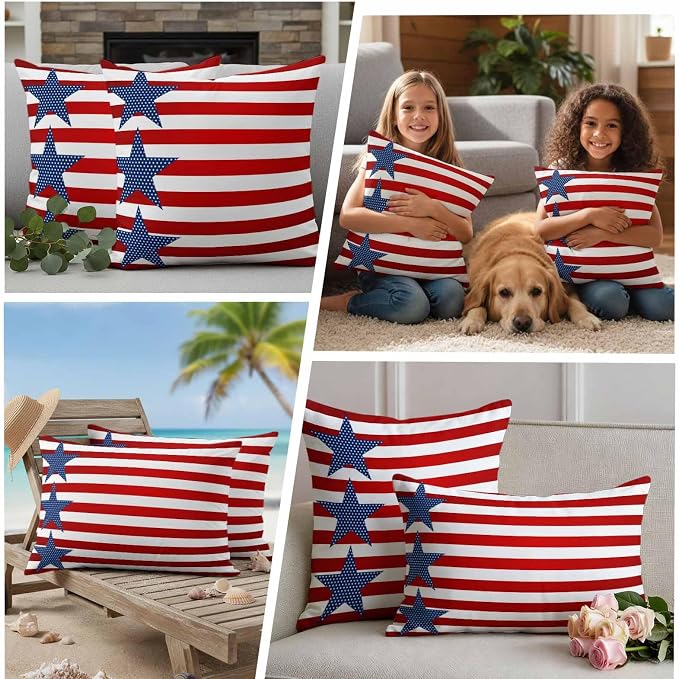4th of July Outdoor Throw Pillows Covers 20x20 inch Set of 2 Waterproof Patriotic American Flag Zippered Cushion Covers for Patio Furniture, Red White and Blue Stars Stripes Lumbar Pillowcases