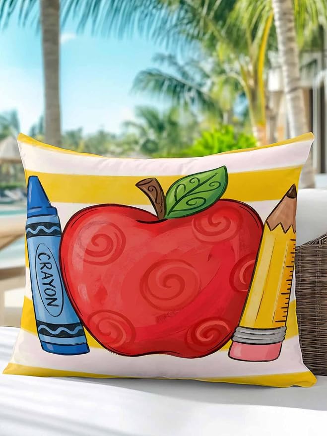 1 Pack Outdoor Throw Pillow, Children's Day Waterproof Pillow with Insert Included, Funny Cartoon Pencil Yellow Striped Decorative Accent Cushion Sofa Pillows for Patio Porch, 18 x 18 in