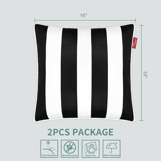 Pack of 2 Outdoor Throw Pillows,16x16 Inch All-Weather Water-Resistant Patio Pillows with Inserts,Decorative Pillows for Patio Furniture,Couch,Sofa,Poolside,Black White