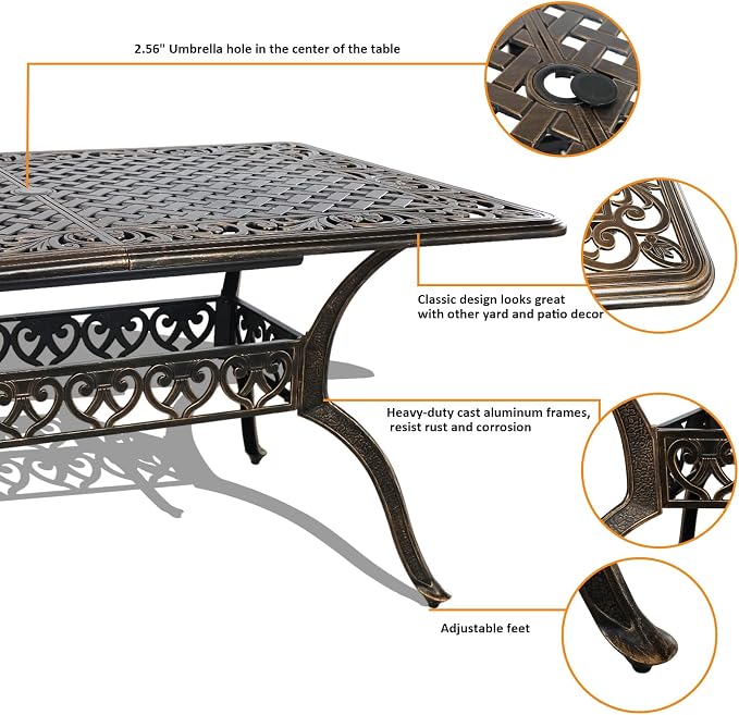 5 Piece Outdoor Patio Dining Set, All-Weather 58.66" Cast Aluminum Table and Chairs Set of 4, Bistro Set Outdoor with Umbrella Hole for Garden, Porch