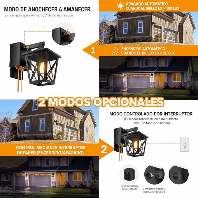 Ehaho Porch Light with GFCI Outlet Aircraft Grade Aluminum Alloy Black 2PCS | Dusk to Dawn Outdoor Lights Waterproof IP 68 Upgraded 3 Lighting Modes Exterior Light with Plug for Front Door Patio Garage