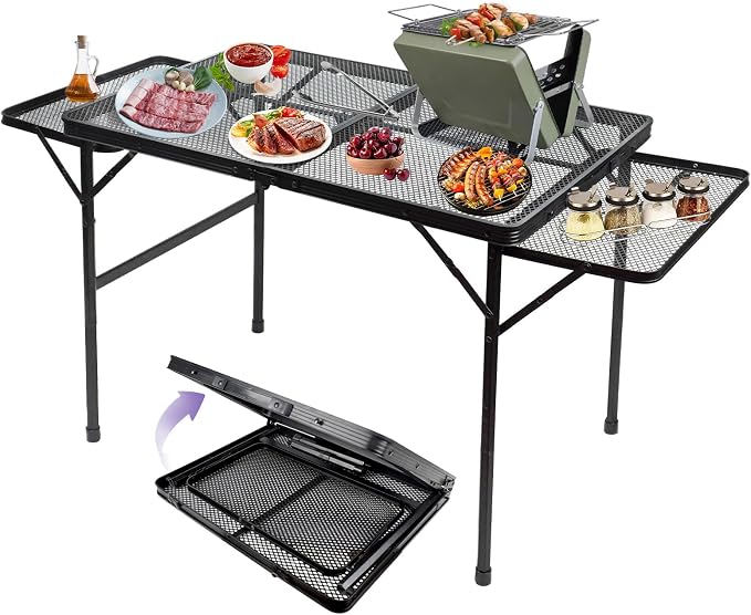 BRIAN & DANY 3x2 FT Camping Table with 2 Wing Panels, Folding Grill Table, Metal Portable Picnic Table, Lightweight Height Adjustable Foldable Table for Outdoor, Black