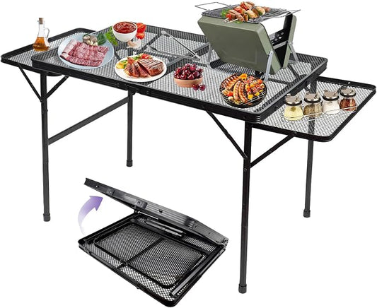 BRIAN & DANY 3x2 FT Camping Table with 2 Wing Panels, Folding Grill Table, Metal Portable Picnic Table, Lightweight Height Adjustable Foldable Table for Outdoor, Black