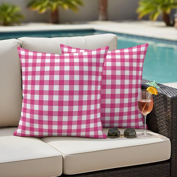 Hot Pink Checks Outdoor Pillow Covers 20"x20" Set of 2, Gingham Plaid Abstract Modern Minimalist Waterproof Throw Pillow Covers for Patio Furniture, Decorative Cushion Covers for Porch