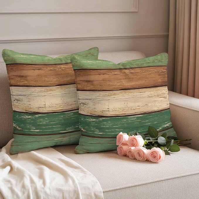 Farmhouse Dark Sage Green Brown Outdoor Waterproof Pillow Covers, Vintage Wooden Striped Decorative Square Throw Pillowcase Sofa Cushion Sham for Patio/Couch/Chair, 18"x18" 2 Pack