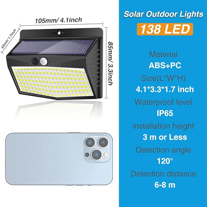 Solar Outdoor Lights, [138 LED/4 Packs] Solar Motion Sensor Security Lights with 3 Lighting Modes Solar Wall Lights Waterproof Solar Powered Lights for Garden Fence Yard Deck Garage | Cool White, Waterproof, LED, Solar Powered, Security, Outside, Wall,...