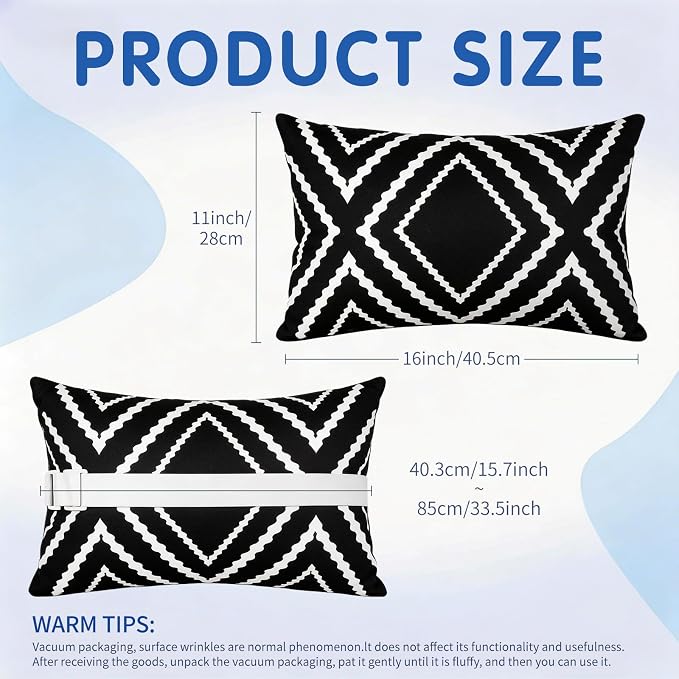 cygnus 2pcs Chaise Lounge Pillow with Strap Outdoor Waterproof Pool Chair Neck Headrest Pillows with Adjustable Elastic Band for Beach Patio Chair Recliner 16 x 11 Inches, Black and White