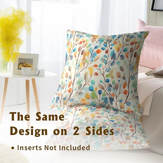 Boho Sage Floral Pillow Covers 16 x 16 Inches Set of 2,Colorful Botanical Flower Leaves Bohemian Cotton Linen Pillowcase for Sofa Couch Indoor Outdoor Party Home Decor
