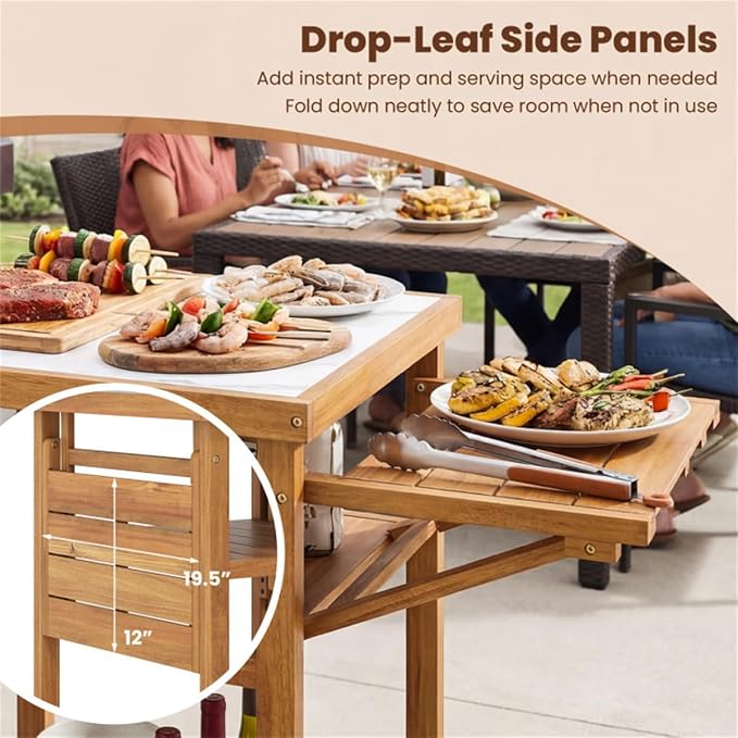 Acacia Wood Outdoor Grill Table with Drop Leaf, Faux Marble BBQ Prep Station for Patio Backyard, Folding Side Shelf Portable Camping Kitchen Table, Portable Grill Table for Patio, Kitchen