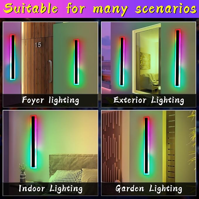39inch Modern Long Wall lights Outdoor, 10 Colour Variations Dimmable Wall Mount Lights Fixtures, IP65 Waterproof 3000K-6000K Multicolor LED Exterior Wall Sconce for House, Yard, Patio, Porch