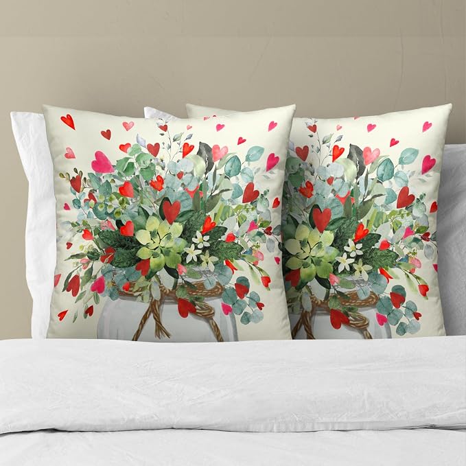 Eucalyptus Love Heart Pillow Covers 16x16, Mason Jar Leaves Red Hearts Valentine's Day Decorative Pillow Cases Soft Square Cushion Cover for Wedding Party Home Decor Set of 2