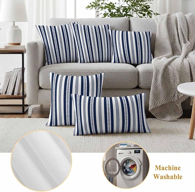 Navy Blue Striped Outdoor Waterproof Pillow Covers, Farmhouse Stripes Modern Geometric Decorative Square Throw Pillowcase Sofa Cushion Sham for Patio/Couch/Chair, 24"x24" 2 Pack