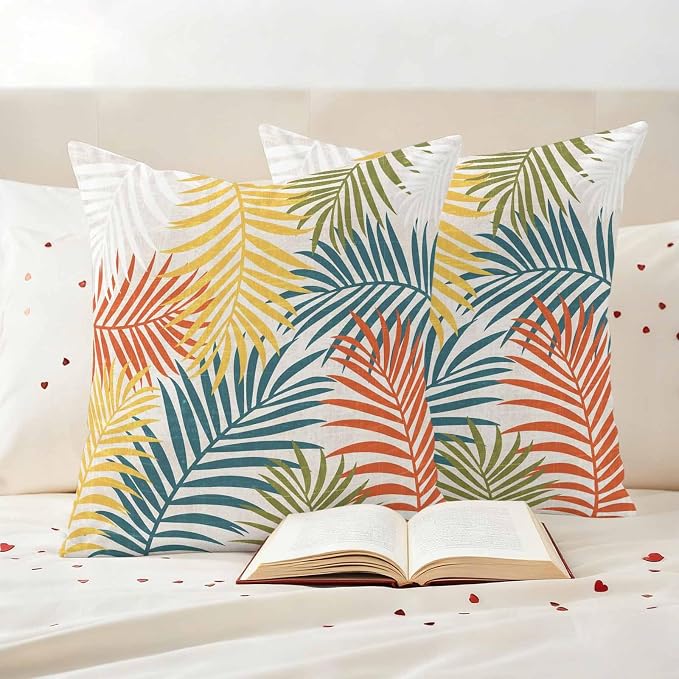 Outdoor Waterproof Throw Pillow Covers, Orange Green Yellow Palm Leaves Decorative Pillow Cases, Summer Botanical Tropical Leaf Couch Pillow Protector Patio Sofa Cushion Covers 18"x18" 2 Pack