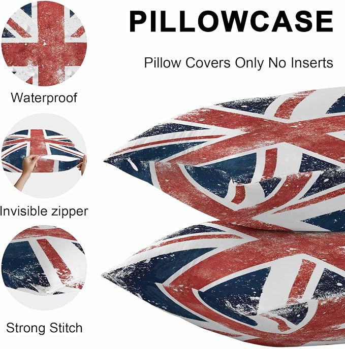 4th of July Outdoor Throw Pillows Covers 20x20 inch Set of 2 Waterproof British Flag Decorative Zippered Cushion Covers for Patio Furniture, Vintage Mottled National Flag Lumbar Pillowcases