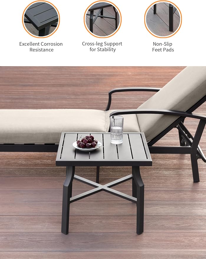 2 Pieces Lounge Chair Set, Outdoor Chaise Lounge Set, Never-Rust Aluminum Pool Lounge Set with Gray Cushion, 6-Position Adjustable Patio Chaise with Outdoor Side Table for Poolside, Gunmetal