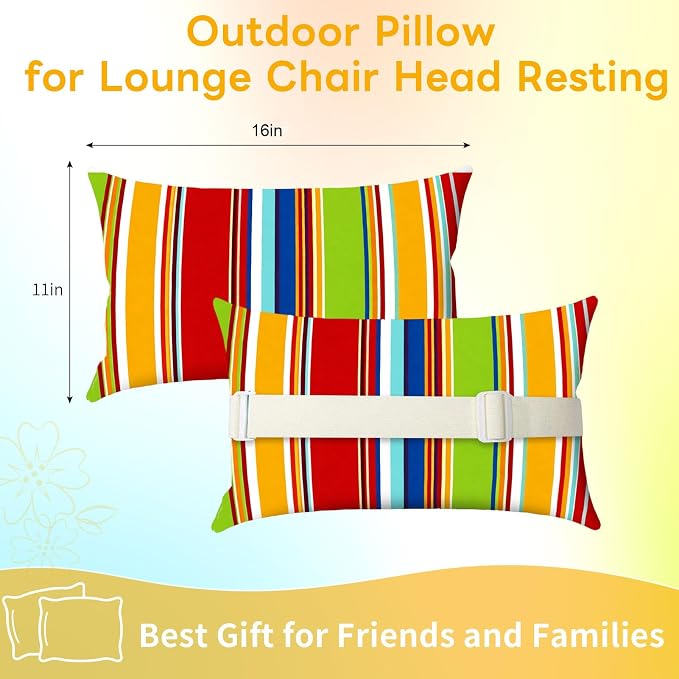 Outdoor Pillows for Lounge Chair Head Resting 2 Pack Waterproof | Headrest Lumbar Pillows with Adjustable Strap for Recliner Beach Pool Lounger Chair, Rainbow Stripes