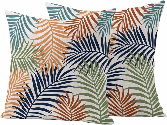 Red Green Navy Palm Leaves Outdoor Pillow Covers 18"x18" Set of 2, Summer Botanical Vintage Tropical Leaf Rustic Waterproof Throw Pillow Covers for Patio Furniture, Decorative Cushion Covers for Porch