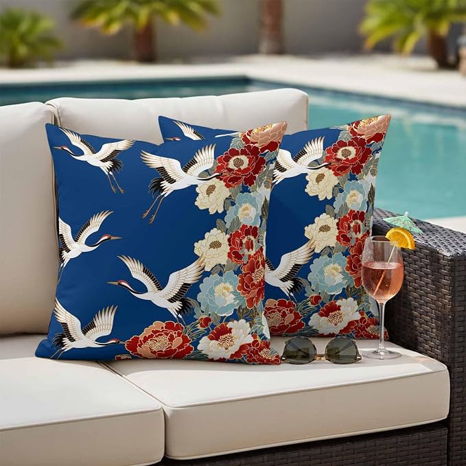 Japanese Style Outdoor Pillow Covers 26x26 Inch Throw Pillow Covers Set of 2 Waterproof Decorative Pillow Cases Blue Rustic Botanical Blossom Peony Birds Cushion Covers for Patio Furniture Garden
