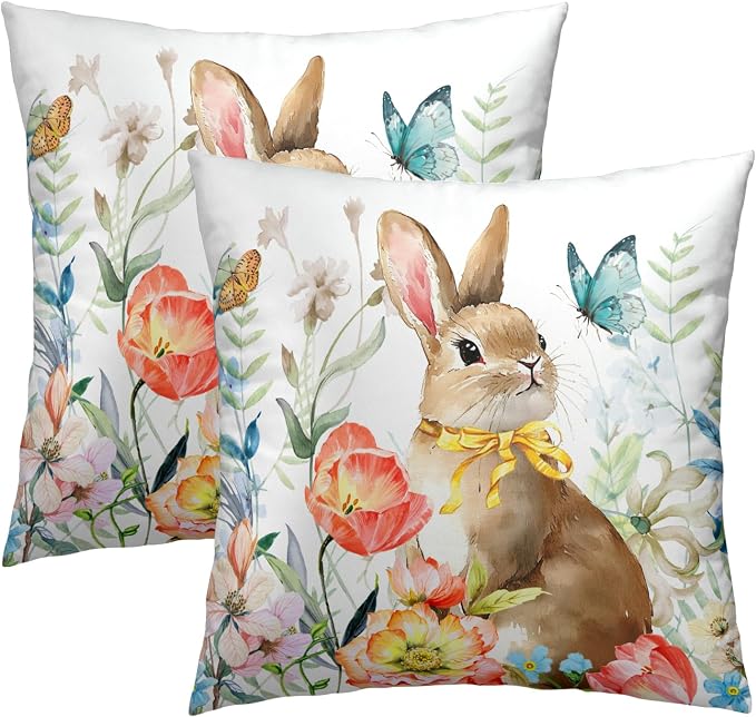 Spring Throw Pillow Covers - Watercolor Bunny in Flowers Cotton Pillow Cases Decorative for Easter Rabbit Decor Couch Sofa Bedroom Living Room 18x18 Inch Set of 2