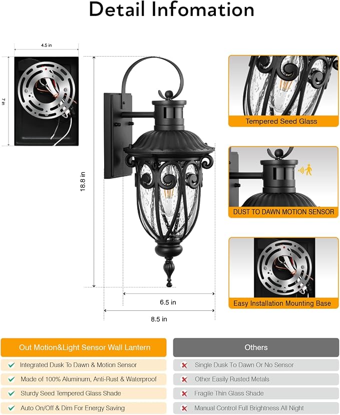 VIANIS Motion Sensor Outdoor Lights, Black Motion Lights for Outside, Dusk to Dawn Outdoor Light Fixtures with Seed Glass, 100% Aluminum Exterior Lighting Fixtures with House, Garage, Porch, Doorway