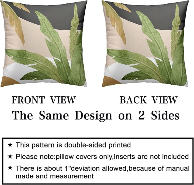 2 Pack Green Palm Leaf Spring Summer Pillow Covers 16x16 Inch Banana Leaves Decorative Throw Pillow Covers Brown and White Black Pillowcase Cotton Blend Farmhouse Decor for Chair Bed Car