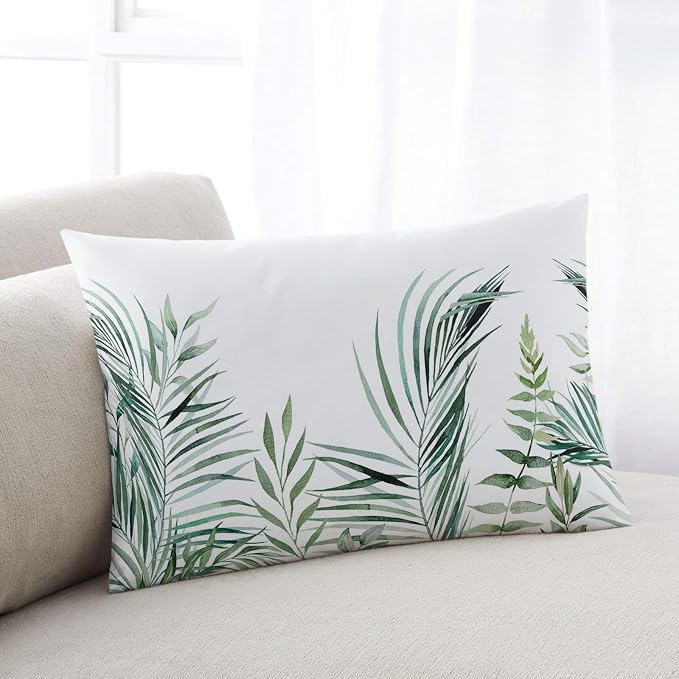 Outdoor Waterproof Throw Pillows Tropical Palm Leaves White Patio Pillows Pack of 1,Decorative Pillow Covers with Insert,Pillow Cushion Case for Garden Couch Sofa Pastoral Green Leaf Plant