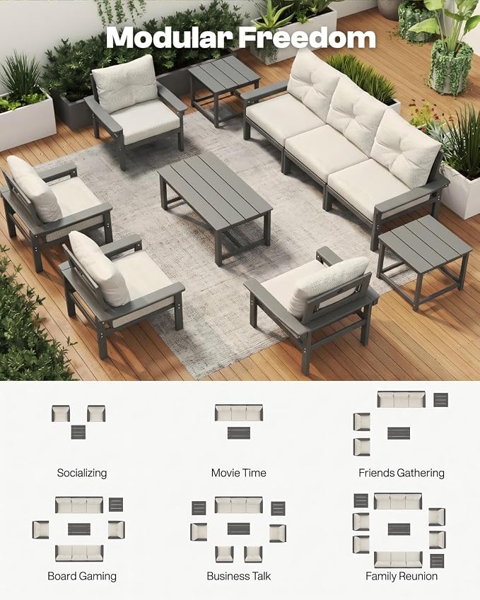 3 Piece HDPE Outdoor Patio Furniture Set, All-Weather 2 Armchairs with Side Table, Patio Conversation Set with Beige Washable Thick Cushion for Balcony, Porch (Grey Frame)