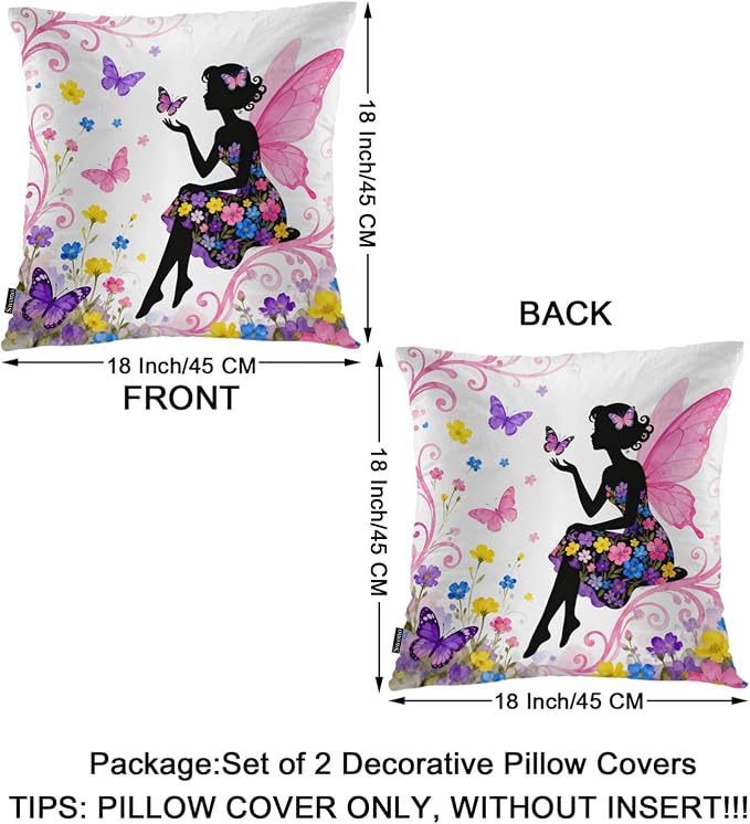 Swono Pillow Covers 18X18 Inch Set of 2 Butterfly Girl, Throw Pillow Cases Fairy Woman Butterflies Flowers Pillowcase Cushion Cover Decorative for Indoor Outdoor Home Sofa Bedroom Livingroom, Pink