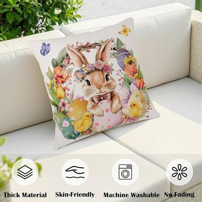 Easter Throw Pillow Covers Spring Floral Wreath Bunny Throw Pillow Covers 16x16 Set of 2 Rabbit with Tulip Flower Pillow Cases Colorful Easter Eggs Cushion Cases for Couch Sofa