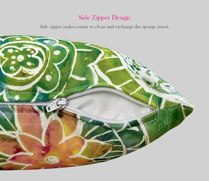 Pack of 2 Outdoor Waterproof Decorative Throw Pillow Covers for Patio Furniture, 18x18 Inch Square Fade Resistant Patio Garden Cushion Covers for Couch Bed Sofa, Floral Green