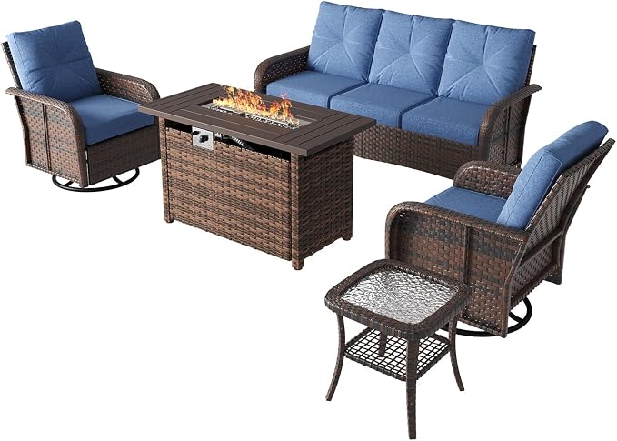 LazySunsets 7 Piece Outdoor Patio Furniture Set with 44'' Fire Pit Table, Wicker Rattan Outdoor Furniture with High Back Swivel Rocker Chairs, Outdoor Sofa Set with Thick Cushions, Navy Blue