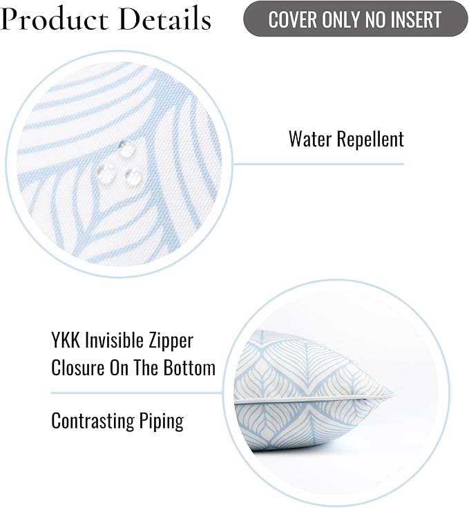 Hofdeco Premium Coastal Patio Indoor Outdoor Throw Pillow Cover Only, 20"x20" Water Repellent for Backyard, Couch, Baby Blue Print Geometric Leafs