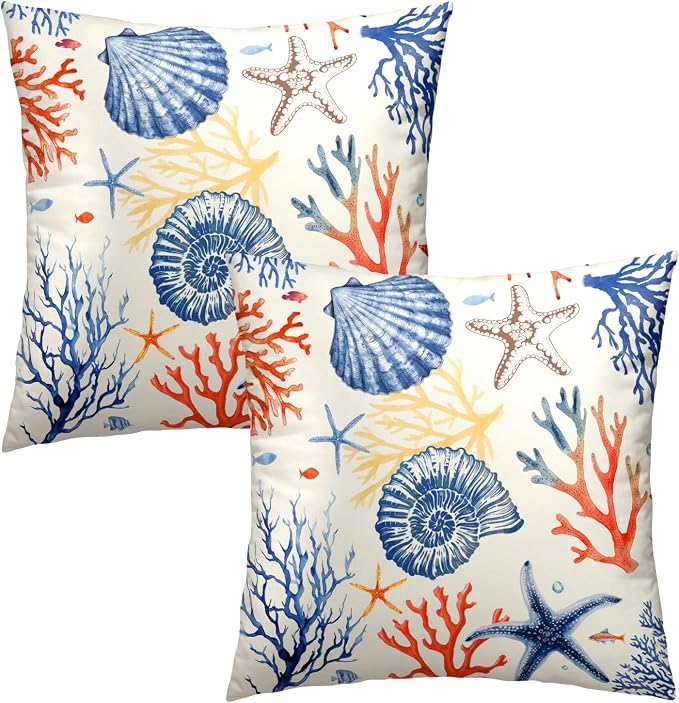 Nautical Coastal Throw Pillow Covers 22x22 Set of 2, Summer Ocean Beach Coral Decorative Pillow Cases Cotton Cushion Cover for Home Sofa Couch Wedding Anniversary Decor
