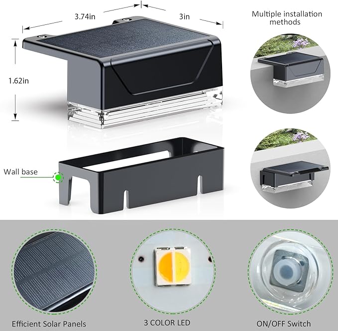 Solar Fence Lights Outdoor - 3000/4000/6000K 3 Mode, IP65 Waterproof Fence Lights Solar Powered, Dusk to Dawn Solar Light for Outside, Backyard/Step/Patio/Deck/Stair Railings and Wall (12 pack)
