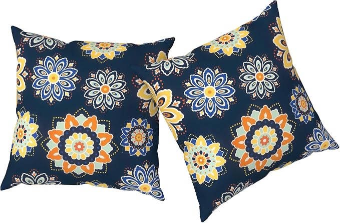 Outdoor Pillows with Insert 18x18 Inch, Waterproof Throw Pillow for Patio Furniture, Decorative Back Cushion for Garden Home Sofa Office Chair, Set of 2, Bloom Medallion‌Cobalt