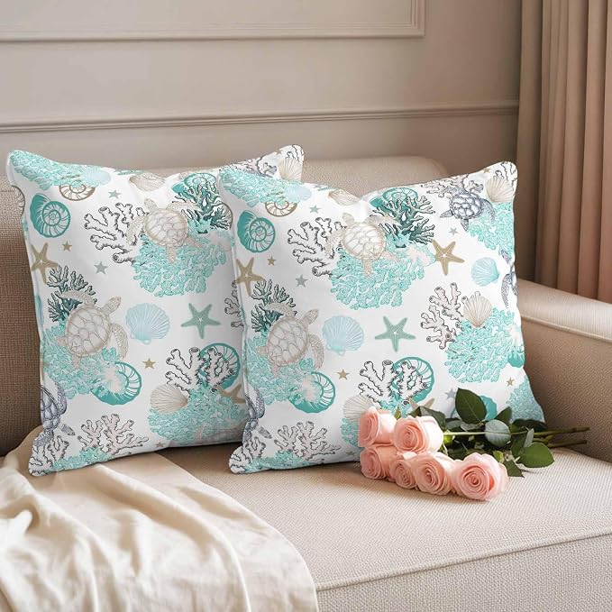 Summer Coastal Outdoor Throw Pillow Cover Ocean Sea Turtle Seaweed Waterproof Cushion Covers 2 Pack Teal Grey Abstract Art Pillow Cases Home Decoration for Patio Garden Couch Sofa 18x18In