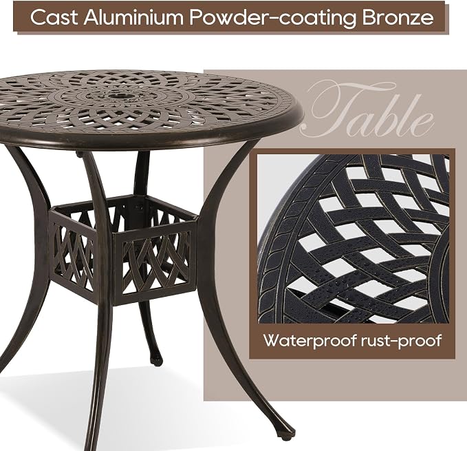 Patio Dining Table,Cast Aluminum Patio Table with Umbrella Hole, Outdoor Bistro Table for Backyard, Garden, Patio