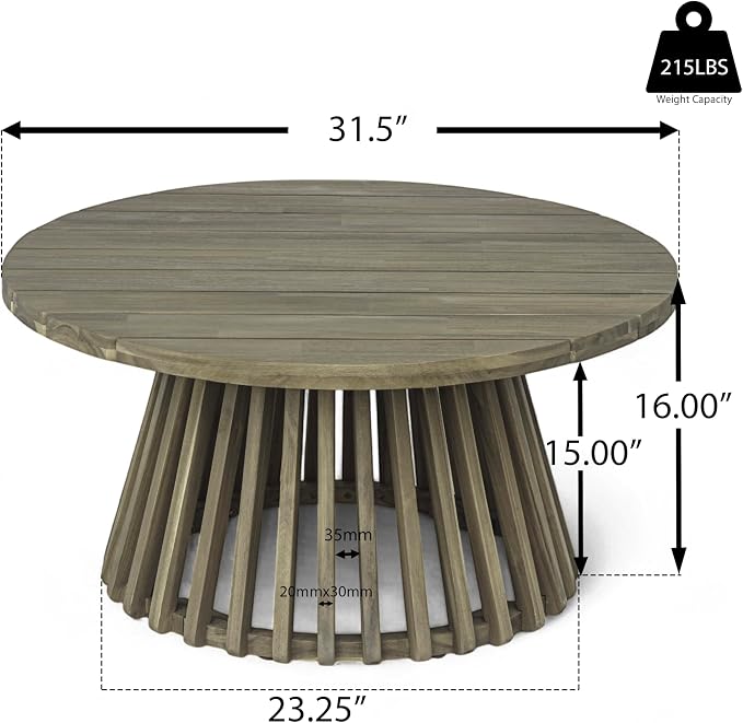 Christopher Knight Home Hakee Acacia Wood Patio Coffee Table, Round Table with Unique Wooden Base for Backyard, Balcony, Stylish Indoor/Outdoor Table, Easy Assembly, 31.5"x 31.5"x 16", Grey