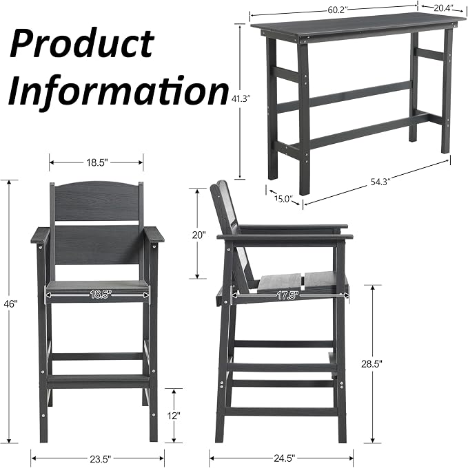 Outdoor Bar Table Set 3 Piece, HDPE Patio Bar Height Furniture Set with 2 Chairs, Small Space Patio Furniture, Weather Resistant Balcony Bistro Set for Garden, Deck, Porch, Premium Grey