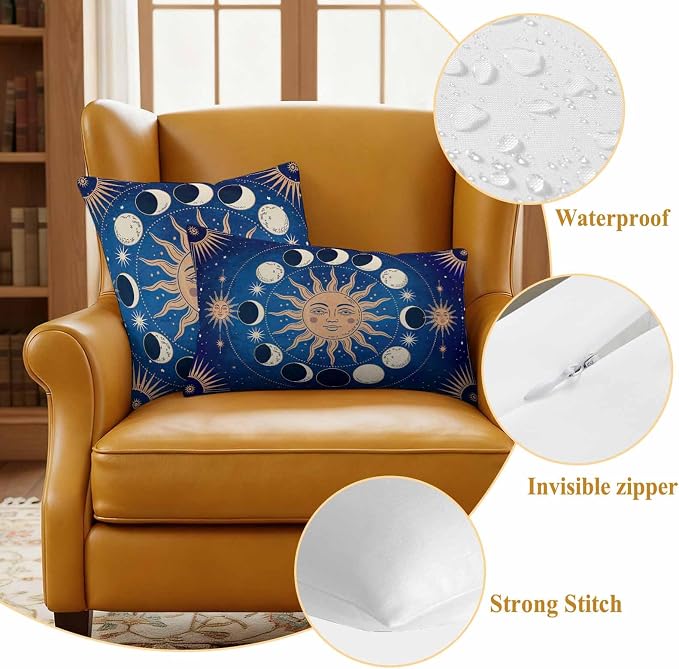Celestial Sun and Moon Waterproof Outdoor Pillow Covers Set of 2 Home Decor, Blue Starry Galaxy Boho Lumbar Pillowcase Patio Pillow Covers for Couch Bench Patio Furniture Garden 20x12in