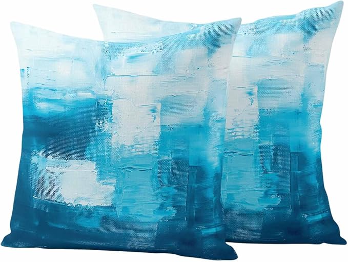 Blue Outdoor Waterproof Throw Pillow Covers Set of 2, 16"x16", Abstract Oil Painting Decorative Pillow Covers Outside Cushion Case for Patio Porch Garden