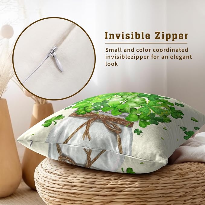 St. Patrick's Day Pillow Covers 22x22 Inch, 2 Pcs Green Shamrock Leaves Jar Holiday Farmhouse Throw Pillowcases Square Cushion Cover for Couch Bed Sofa Patio Porch Furniture Decor