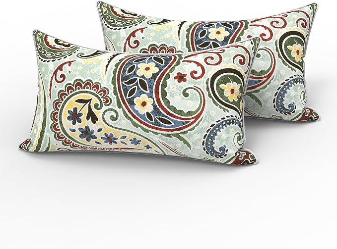 LVTXIII 2 Pack Outdoor Lumbar Pillows 12x20 Inch with White Piping, Fade Resistant Support Throw Pillows with Inserts for Patio Furniture, Sofa, Chair, Paisley Light Cyan