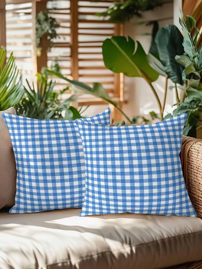 Outdoor Waterproof Throw Pillows Light Blue Gingham Check Patio Pillows Pack of 2,Decorative Pillow Covers with Insert,Pillow Cushion Case for Garden Couch Sofa Country Classic Plaid